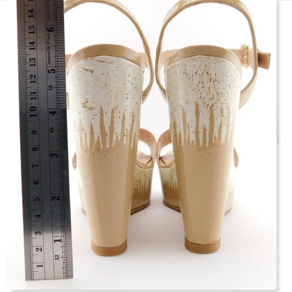 STUART WEITZMAN Beige Nude Patent Leather Cork Wedge Heel Sling Sandals 7.5 - Picture 6 of 8